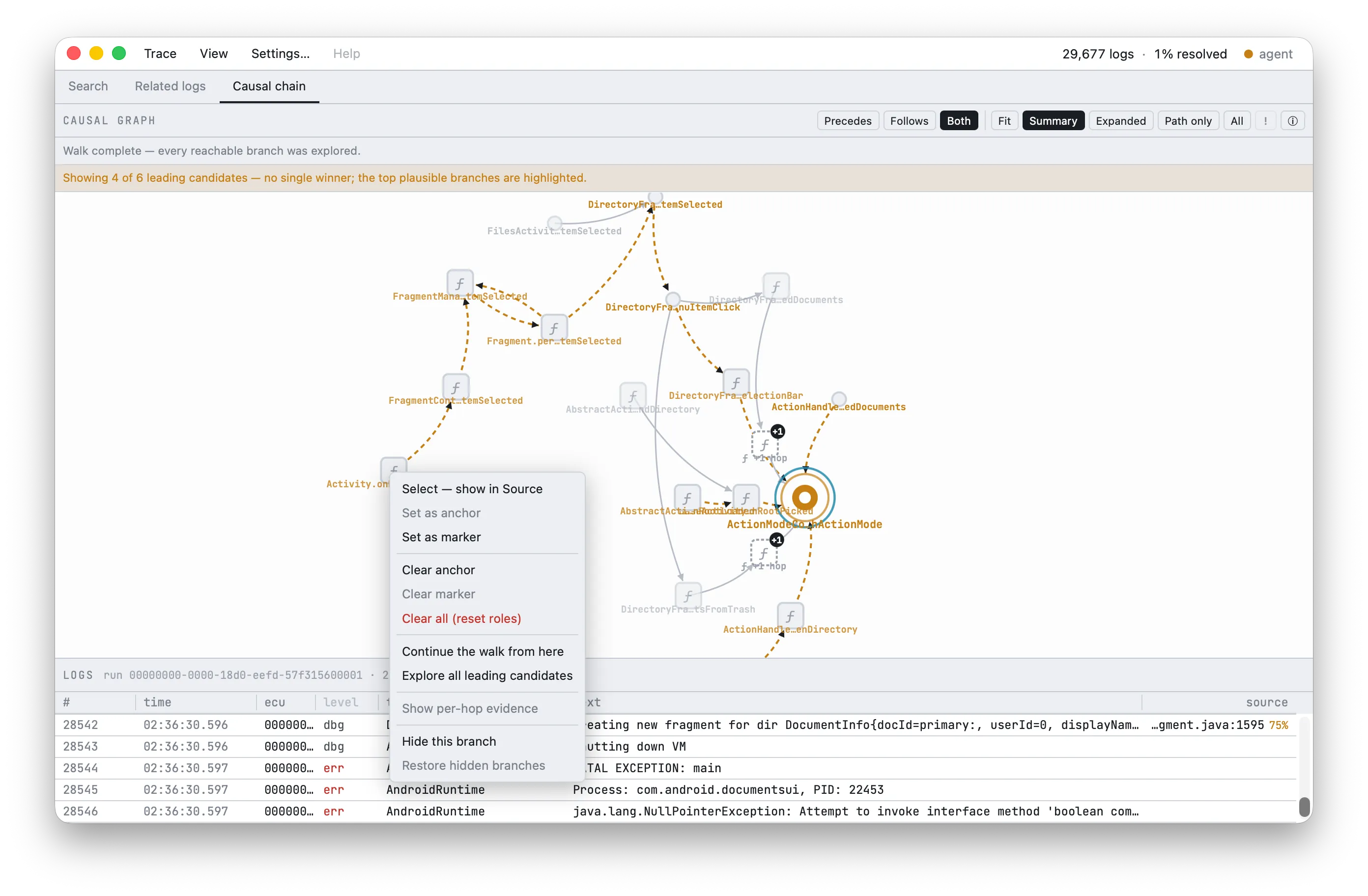 Walk-control menu on a chain node